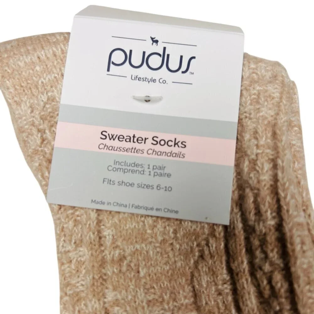 Pudus Knit Knee Sweater Sock Beige Stretch Warm Preppy 6-10